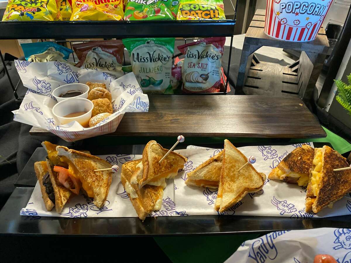 Grilled cheese sampler, with fillings like bacon, mac and cheese and portobello mushroom and tomato, among the snacks at Dunkin' Park's YG Club this season.
