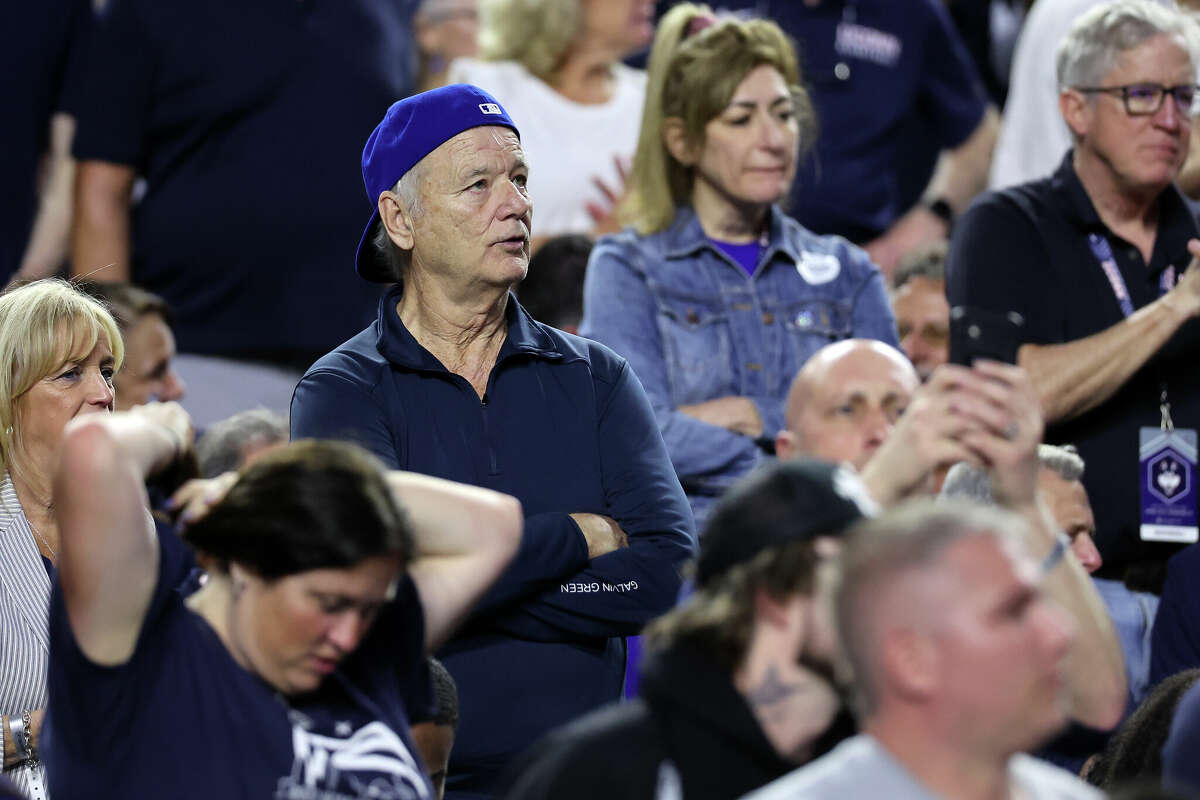 Actor Bill Murray looks on prior to the game between the San Diego State Aztecs and Connecticut Huskies during the NCAA Men's Basketball Tournament National Championship game at NRG Stadium on April 3, 2023 in Houston.