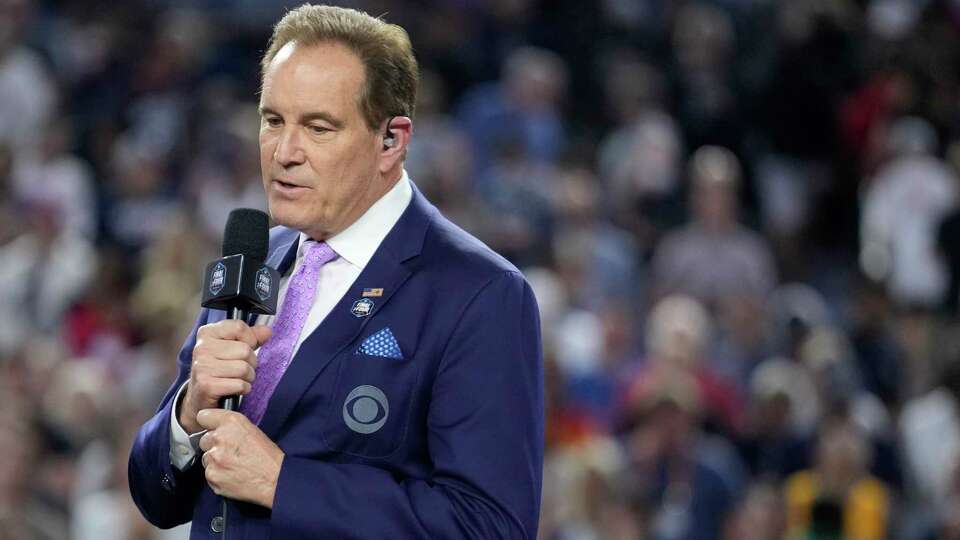 Announcer Jim Nantz speaks during the NCAA Tournament national final game at NRG Stadium on Monday, April 3, 2023, in Houston.