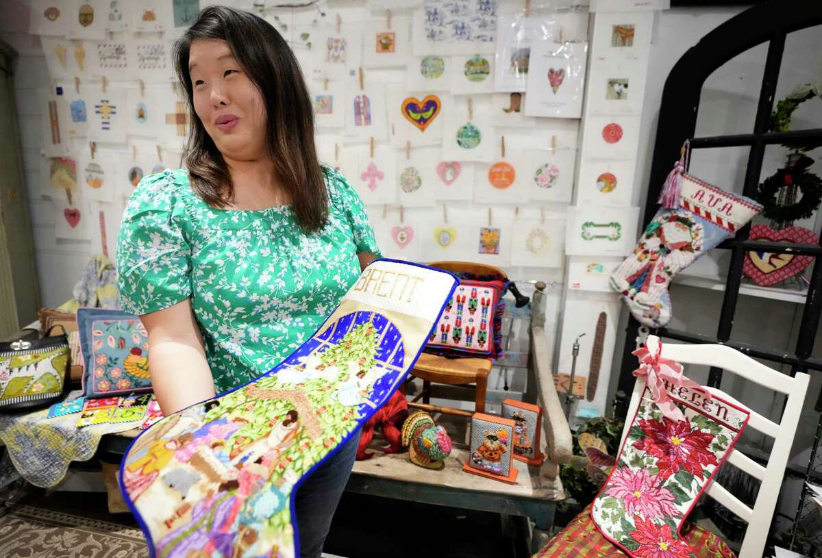 Customer Helen Shultz talks about the Christmas stocking she made.