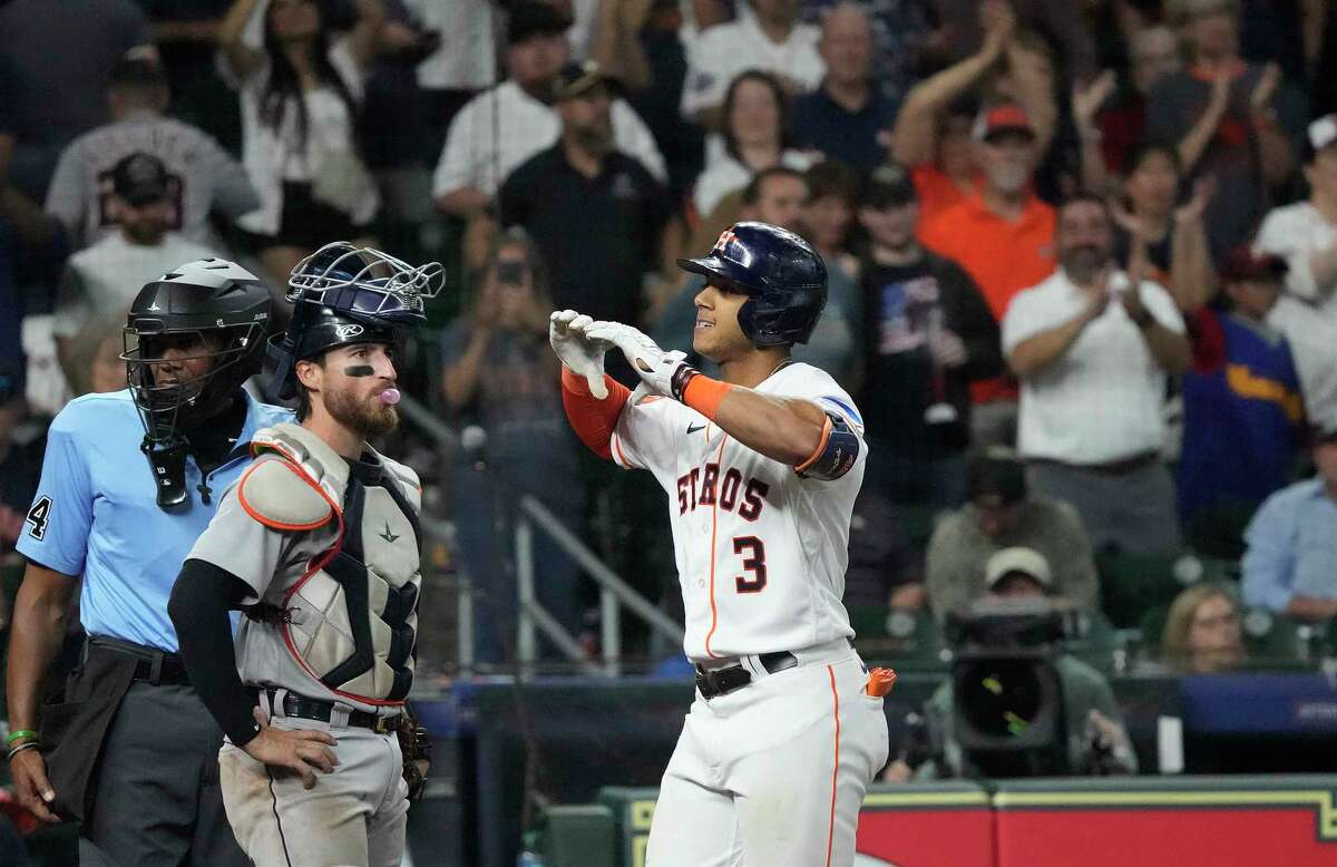 Jeremy Pena of the Houston Astros hits a two run home run in the