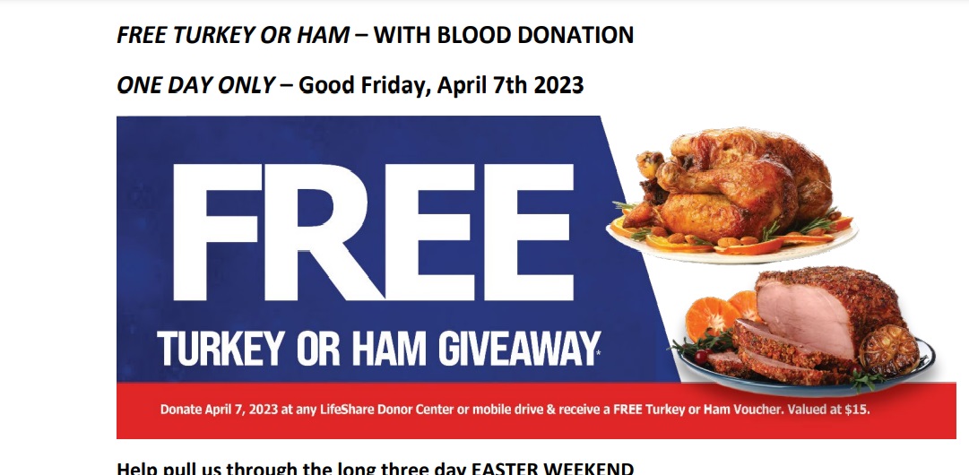 Donate blood to LifeShare on Friday save money on your Easter dinner