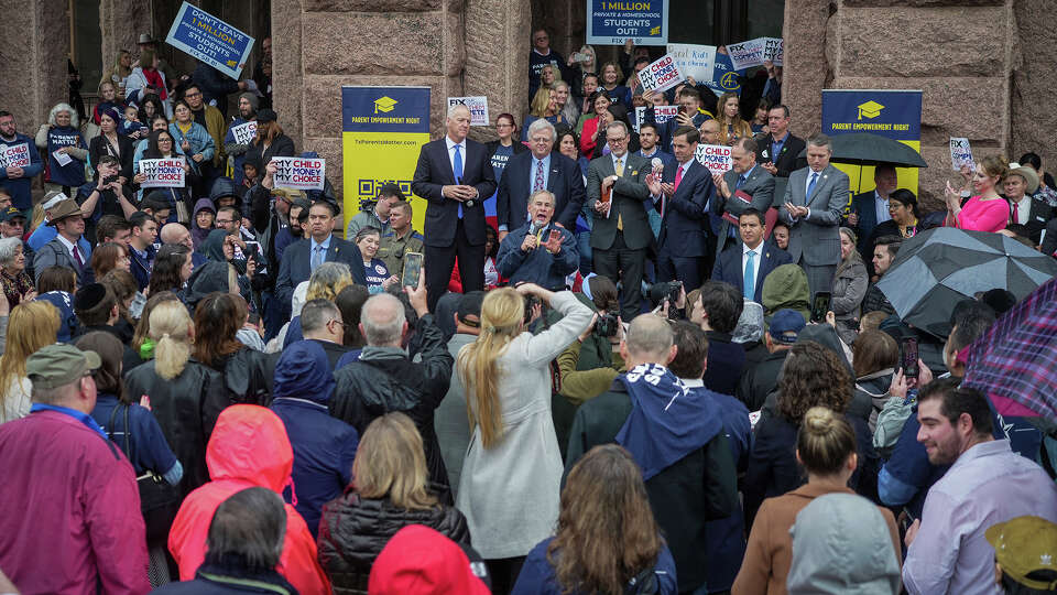 Gov. Greg Abbott speaks on the north steps of the State Capitol to supporters at a Texas Public Policy Foundation Parent Empowerment rally on Tuesday, March 21, 2023 in Austin. Abbott and his supporters are pushing to have a voucher system, also known as school choice. (Ricardo B. Brazziell /Austin American-Statesman via AP)