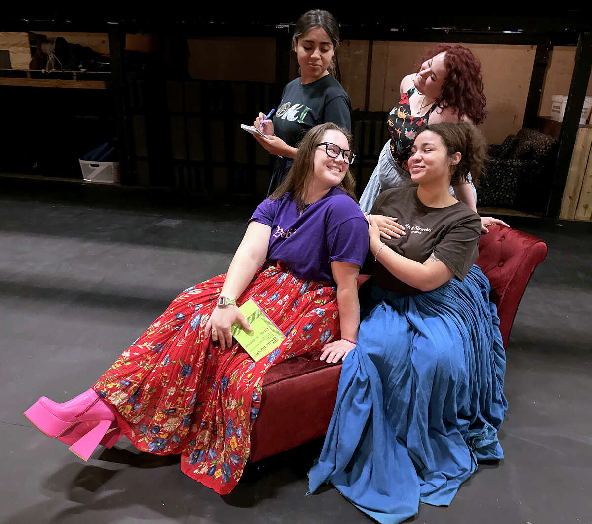 Brianna Cobos, clockwise from back left, Shelby Eason, Dominique Roman and C.J. Jeffcoat rehearse for "The Revolutionists" which will be presente April 13-16 at Lamar University. Photo by Andy Coughlan
