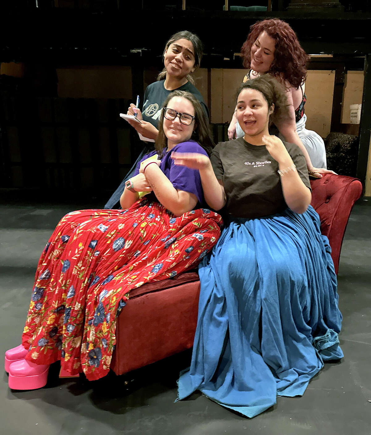 Brianna Cobos, clockwise from back left, Shelby Eason, Dominique Roman and C.J. Jeffcoat rehearse for "The Revolutionists" which will be presente April 13-16 at Lamar University. Photo by Andy Coughlan