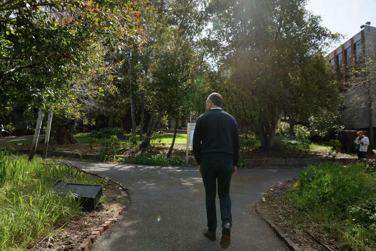 Emerald Fund的总裁马克·巴布辛(Marc Babsin)在奥克兰关闭的加州艺术学院校园的麦基草坪(Macky Lawn)附近散步。巴辛对市政府批准重建计划的时间感到沮丧。