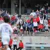 Lumberton crowd cheers as goalkeeper Will Scoggins saved a penalty kick by El Campo during the second half of Region III-4A championships Saturday, April 8, 2023, at Legacy Stadium in Katy. El Campo Ricebirds lost 0-3 to Lumberton Raiders.