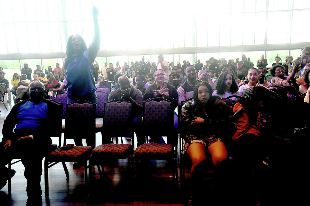 The crowd cheers during a community celebration of hometown basketball stars Alexis Morris and the Beaumont United Timberwolves. Photo made Saturday, April 8, 2023 Kim Brent/Beaumont Enterprise