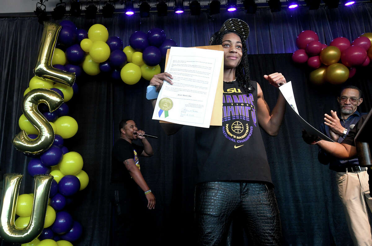 Alexis Morris reacts after councilman Audwin Samuel read the proclamation during a community celebration of hometown basketball stars Alexis Morris and the Beaumont United Timberwolves. Photo made Saturday, April 8, 2023 Kim Brent/Beaumont Enterprise