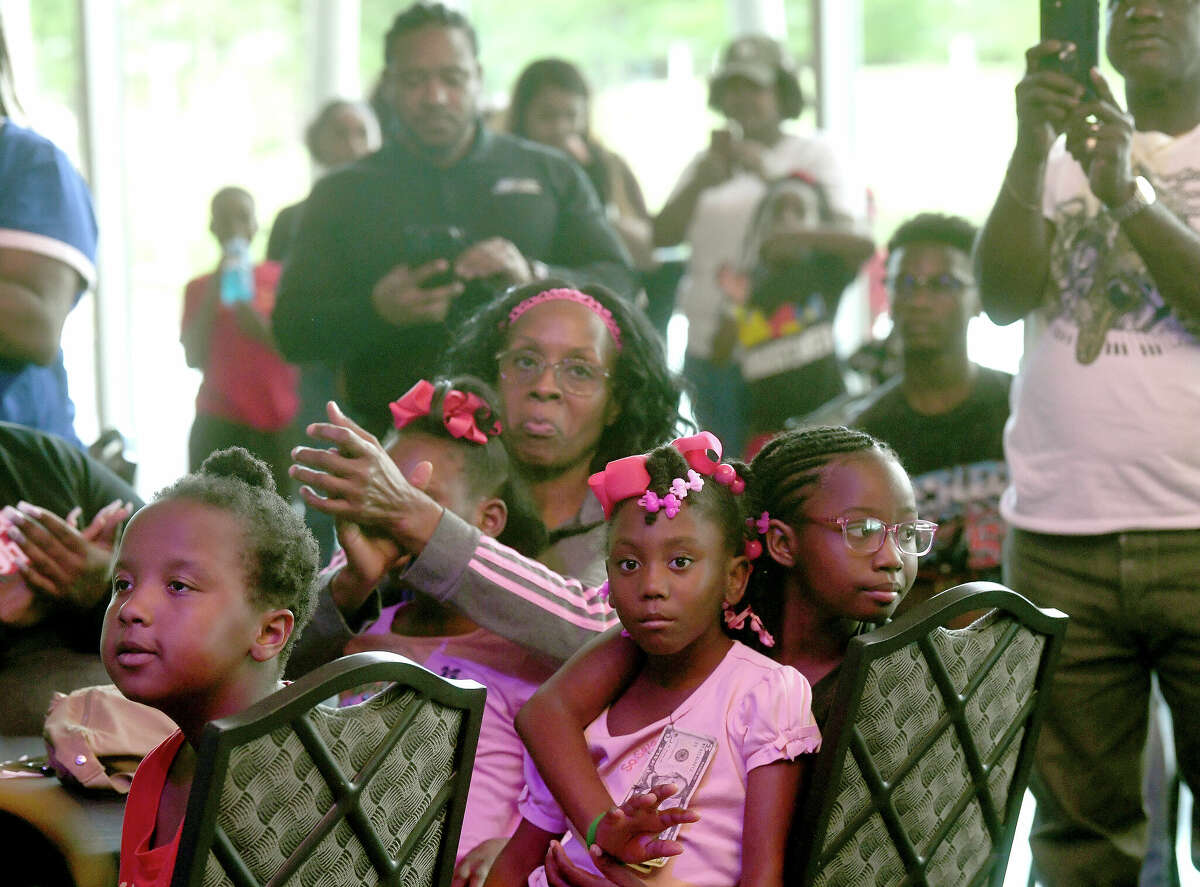 The crowd takes in the event during a community celebration of hometown basketball stars Alexis Morris and the Beaumont United Timberwolves. Photo made Saturday, April 8, 2023 Kim Brent/Beaumont Enterprise