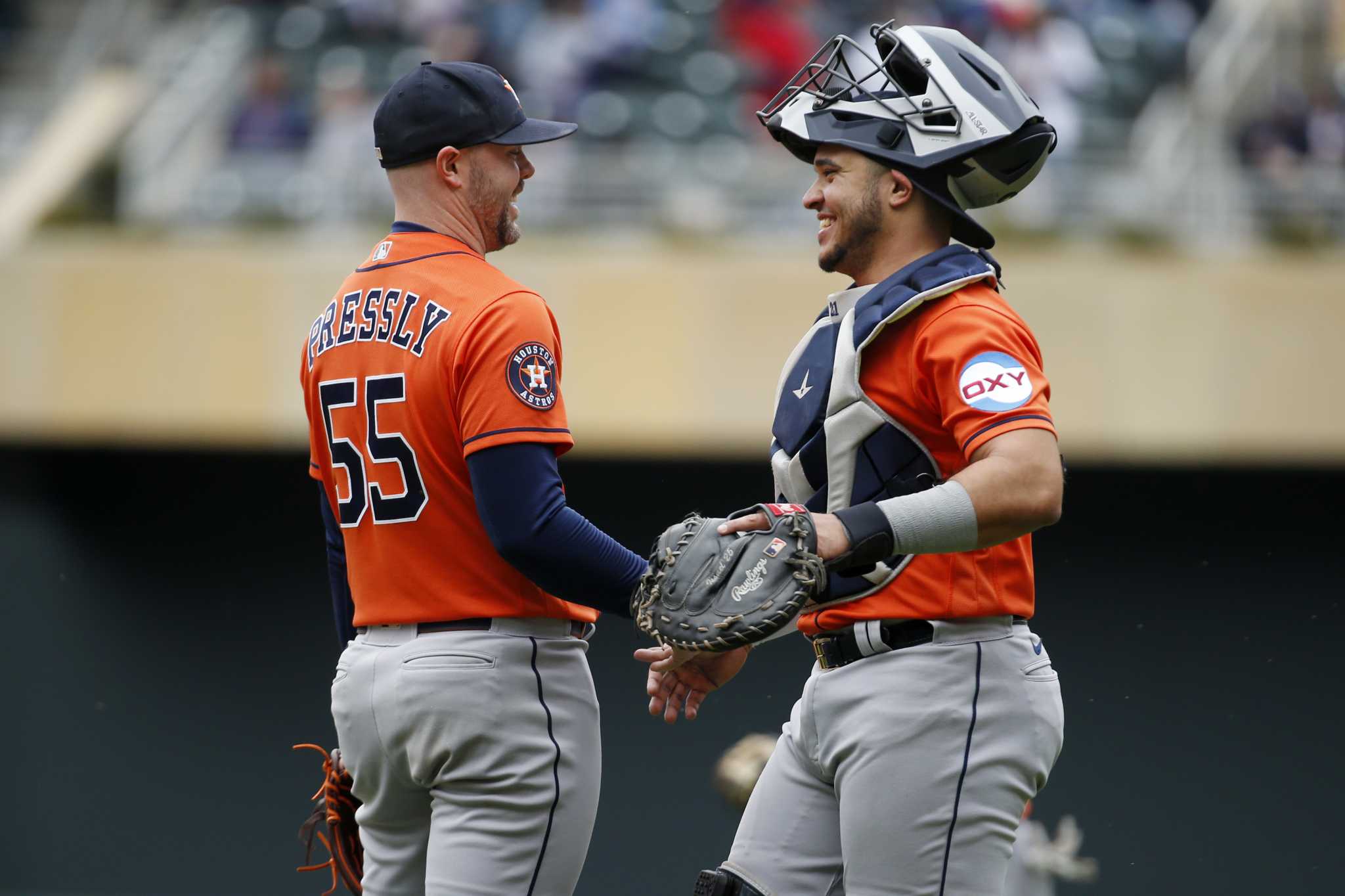 Houston Astros relief pitcher Bryan Abreu throws to the Minnesota Twins in  the eighth inning of a baseball game Sunday, April 9, 2023, in Minneapolis.  The Astros won 5-1. (AP Photo/Bruce Kluckhohn