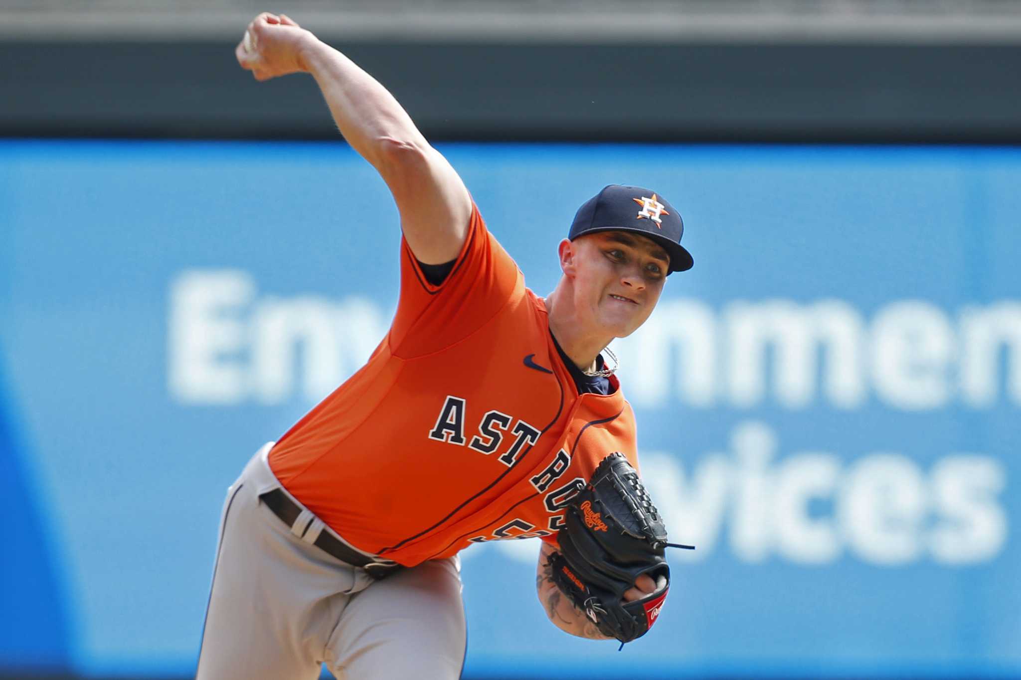 Houston Astros relief pitcher Bryan Abreu throws to the Minnesota Twins in  the eighth inning of a baseball game Sunday, April 9, 2023, in Minneapolis.  The Astros won 5-1. (AP Photo/Bruce Kluckhohn