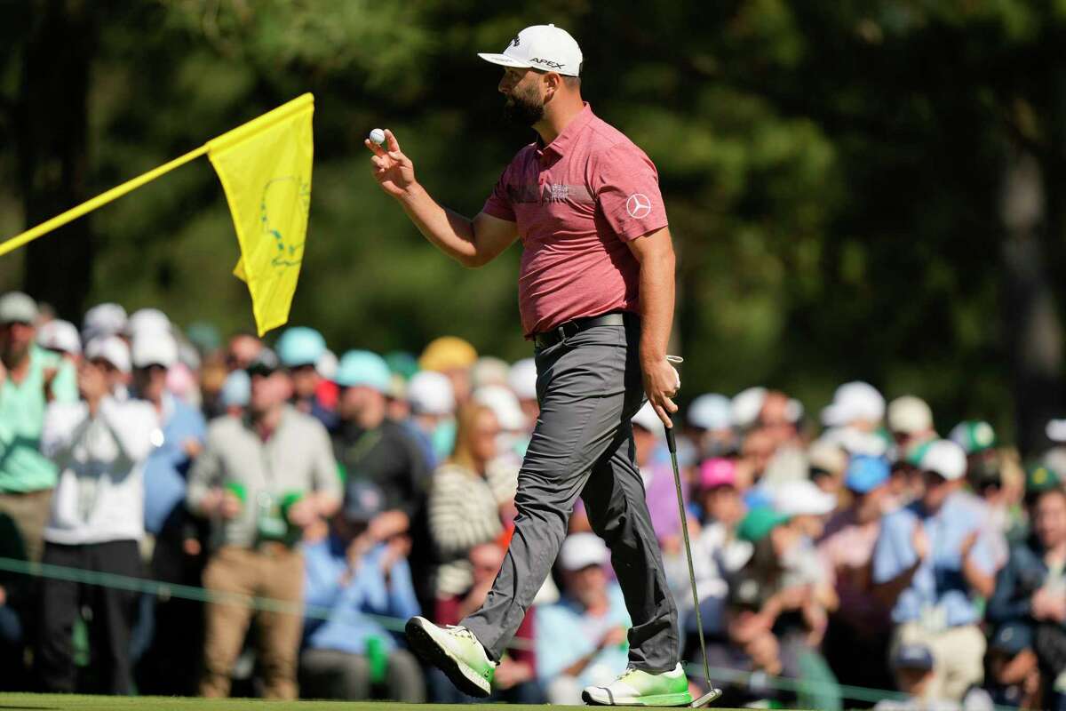 Jon Rahm, of Spain, celebrates after a putt on the sixth hole during the final round of the Masters golf tournament at Augusta National Golf Club on Sunday, April 9, 2023, in Augusta, Ga.