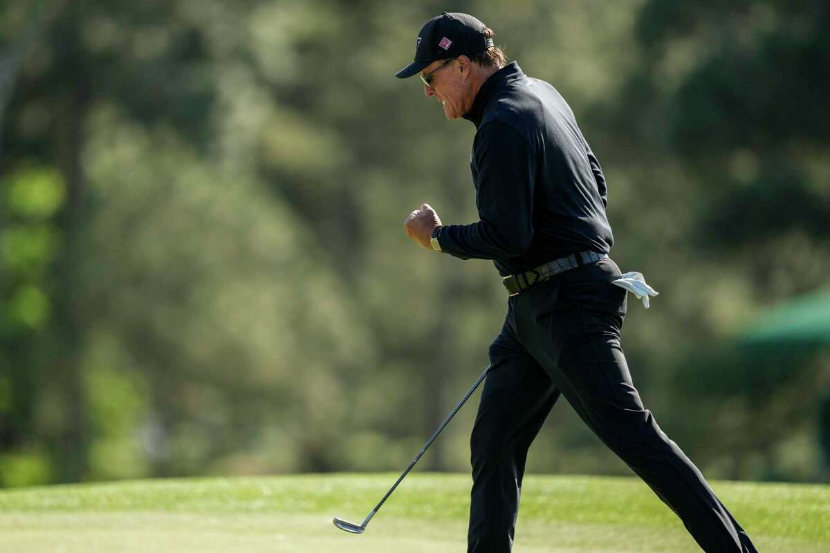Phil Mickelson reacts on the 18th hole during the final round of the Masters golf tournament at Augusta National Golf Club on Sunday, April 9, 2023, in Augusta, Ga.