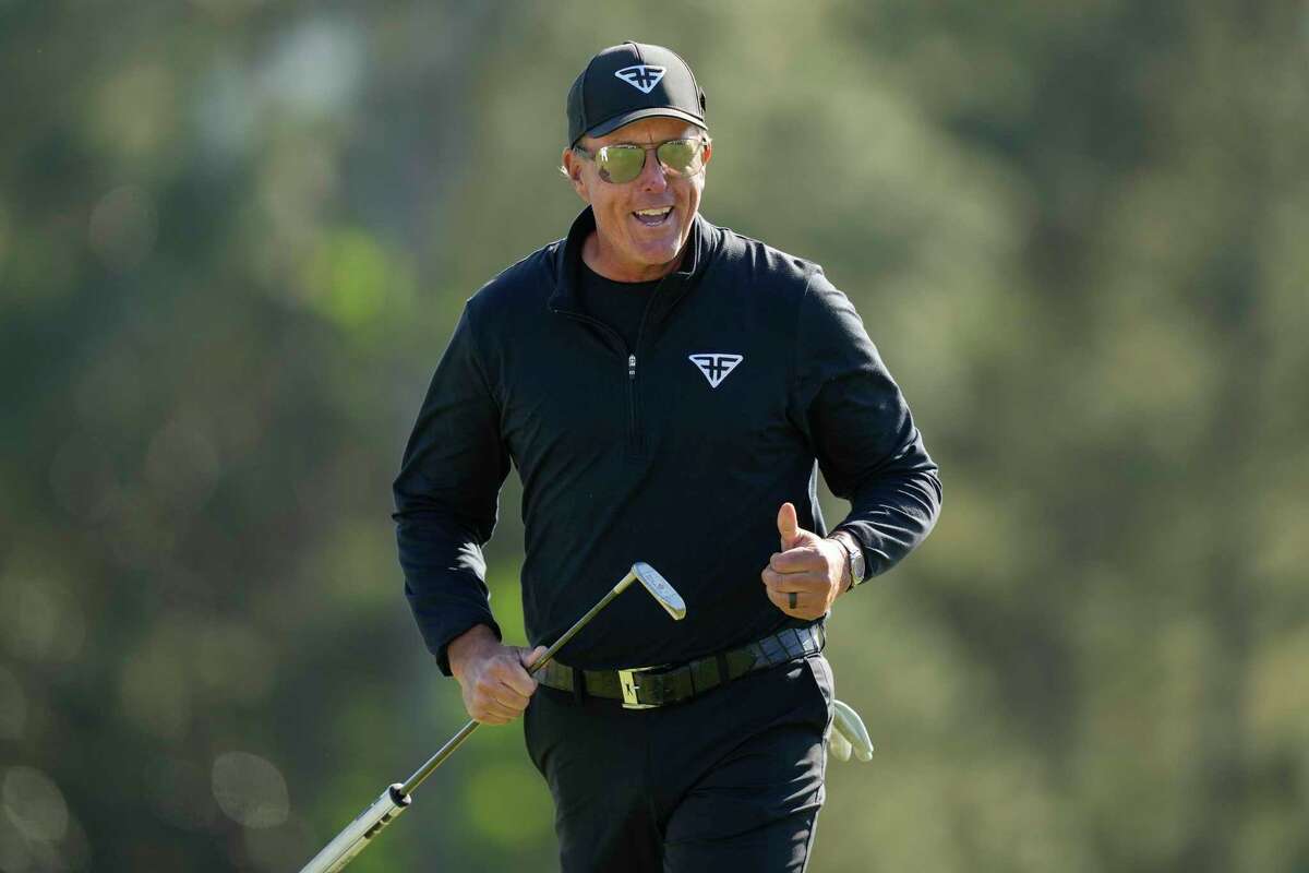 Phil Mickelson reacts on the 18th hole during the final round of the Masters golf tournament at Augusta National Golf Club on Sunday, April 9, 2023, in Augusta, Ga.