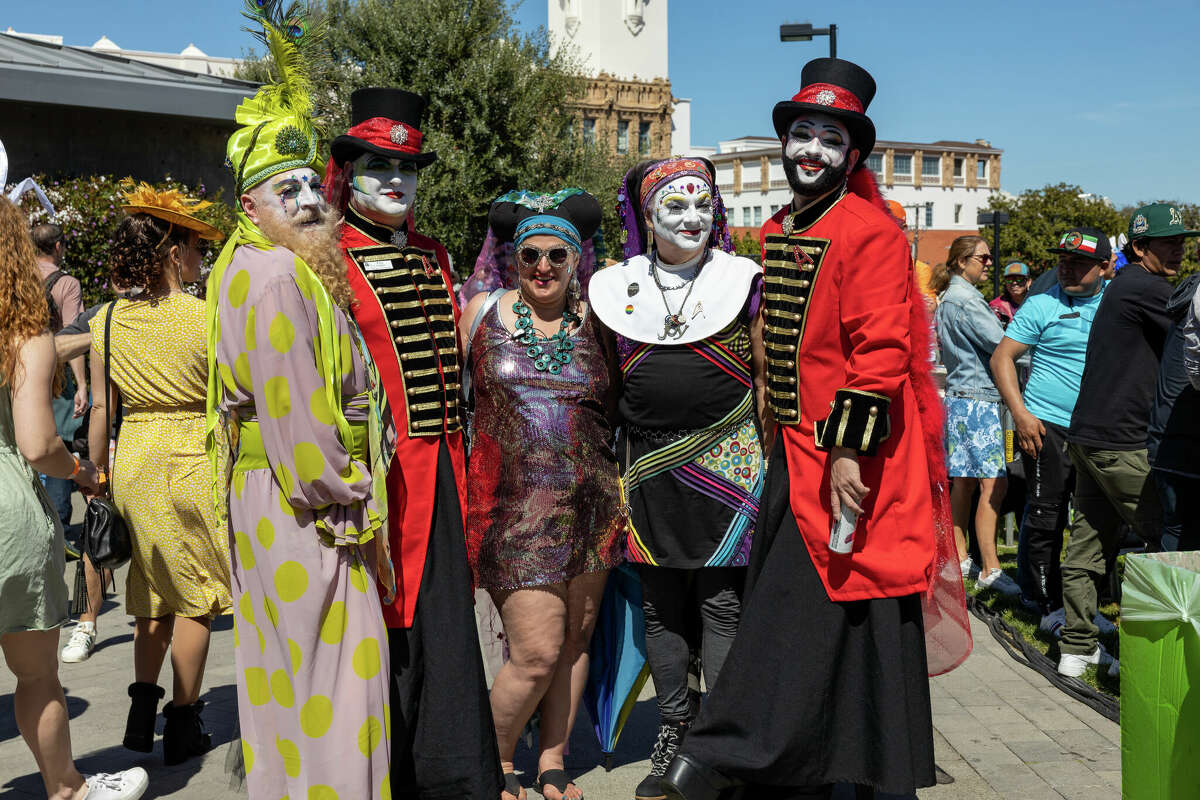 Sisters of Perpetual Indulgence pose at the Hunky Jesus and Foxy Mary contest in Dolores Park in San Francisco on Sunday, April 9, 2023. 