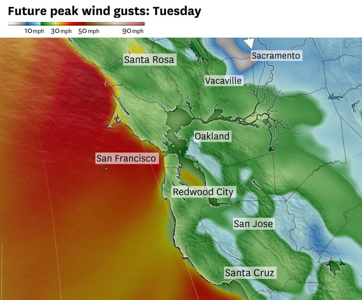 随着西北气流流入海岸线，周二下午将迎来一个多风的下午，风速将达到每小时45英里。整个海湾地区可能会有30到40英里每小时的阵风。登录必赢亚洲