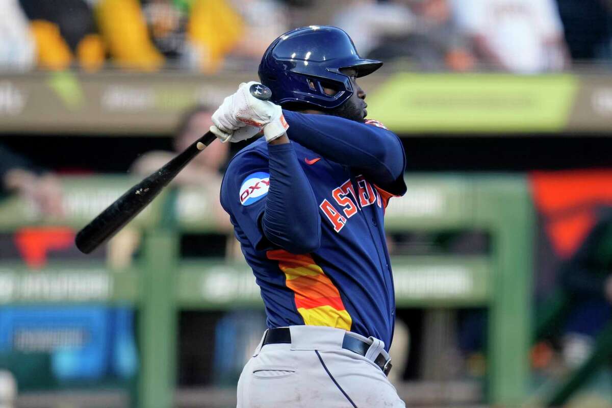 Houston Astros' Yordan Alvarez singles off Pittsburgh Pirates starting pitcher Roansy Contreras, driving in a run, during the second inning of a baseball game in Pittsburgh, Monday, April 10, 2023.