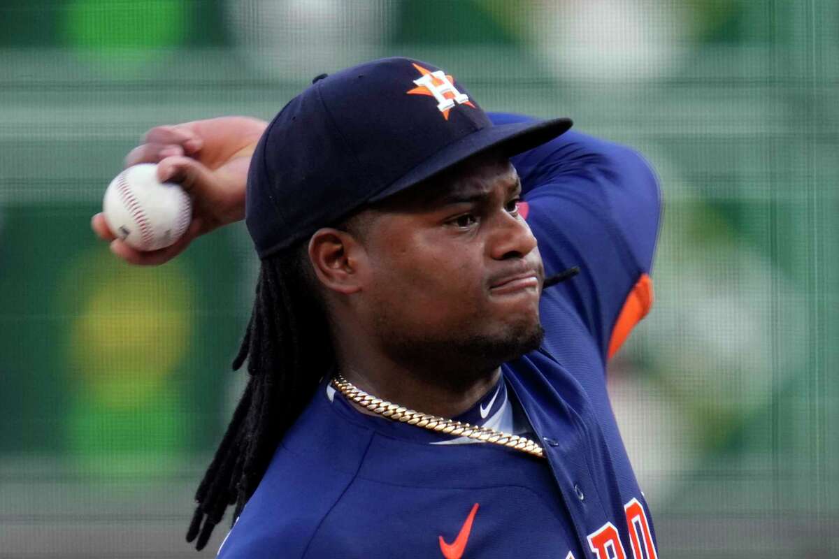 Houston Astros starting pitcher Framber Valdez delivers during the first inning of a baseball game against the Pittsburgh Pirates in Pittsburgh, Monday, April 10, 2023.