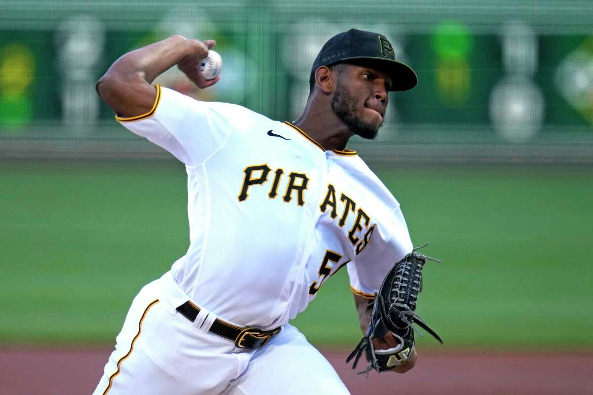 Pittsburgh Pirates' Roansy Contreras delivers during the first inning of a baseball game against the Houston Astros in Pittsburgh, Monday, April 10, 2023.