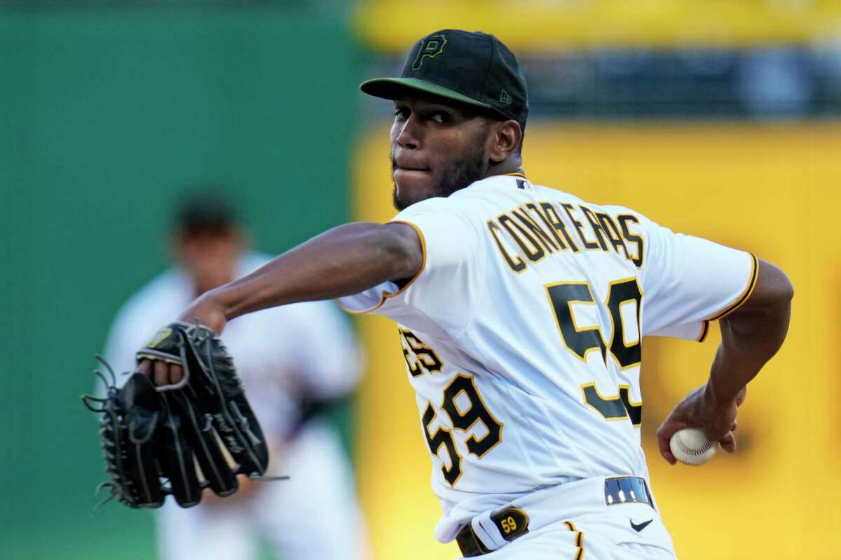 Pittsburgh Pirates starting pitcher Roansy Contreras delivers during the first inning of a baseball game against the Houston Astros in Pittsburgh, Monday, April 10, 2023.