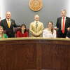 Vidor ISD signs a co-enrollment partnership with Lamar University and Lamar State College Orange aimed at certifying local students to become teachers when they graduate. Photo taken April 11, 2023. Photo by Olivia Malick/The Enterprise.Standing, left to right: Lamar State College Orange President Tom Johnson, Vidor ISD Superintendent Jay Killgo and Lamar University President Jaime Taylor. Sitting, left to right: Taryn Marks, Natalie Smith, Brooklyn Buschelle and Aaron Wright.
