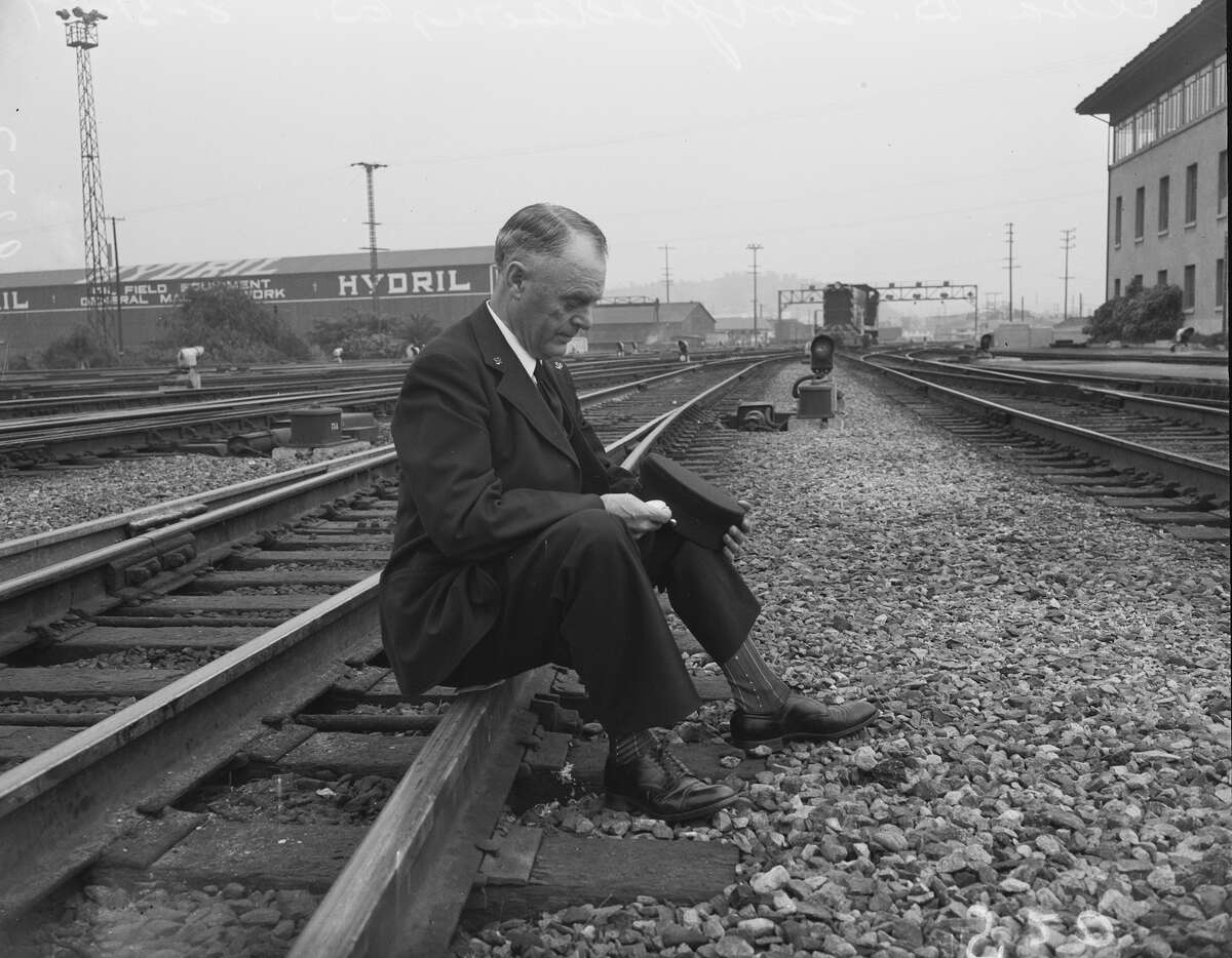 Southern Pacific conductor Ira B. Gotfredson on the day of his retirement in August 1951 after 45 years working for the Southern Pacific “Lark.”