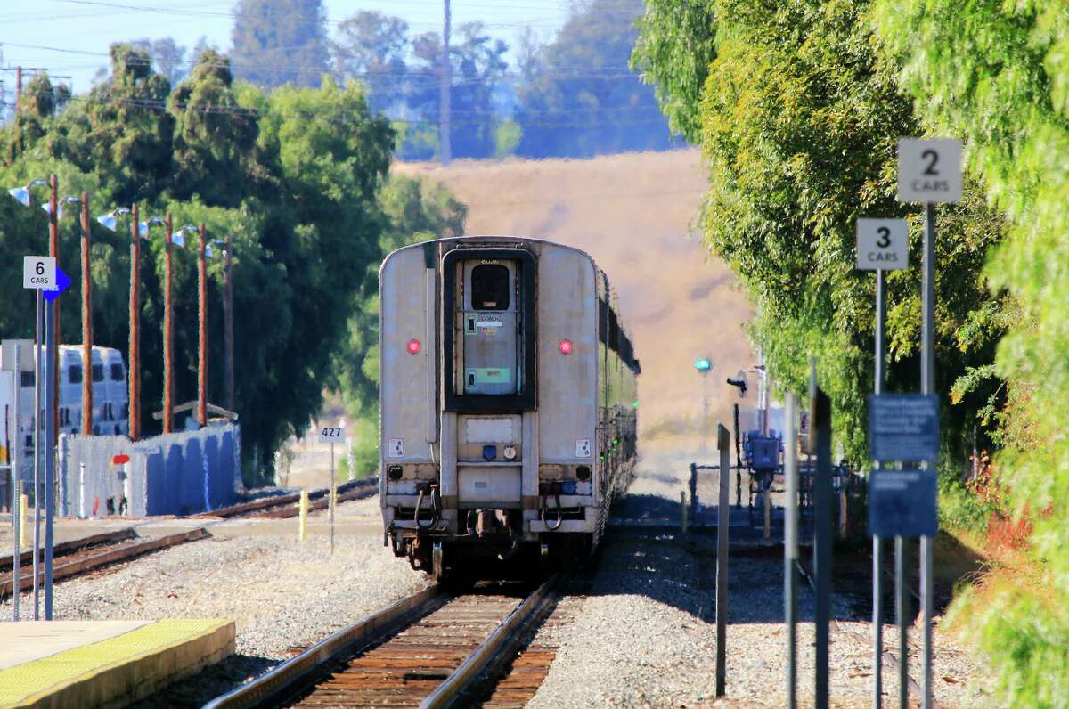 An Amtrak Coast Starlight passenger train after a technical stop at Moorpark Station outside Los Angeles.