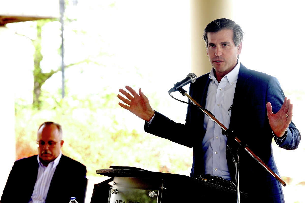 John Sullivan with Callan Marine speaks during a groundbreaking ceremony to kick off the Riverfront Park restoration project. Photo made Tuesday, April 11, 2023 Kim Brent/Beaumont Enterprise
