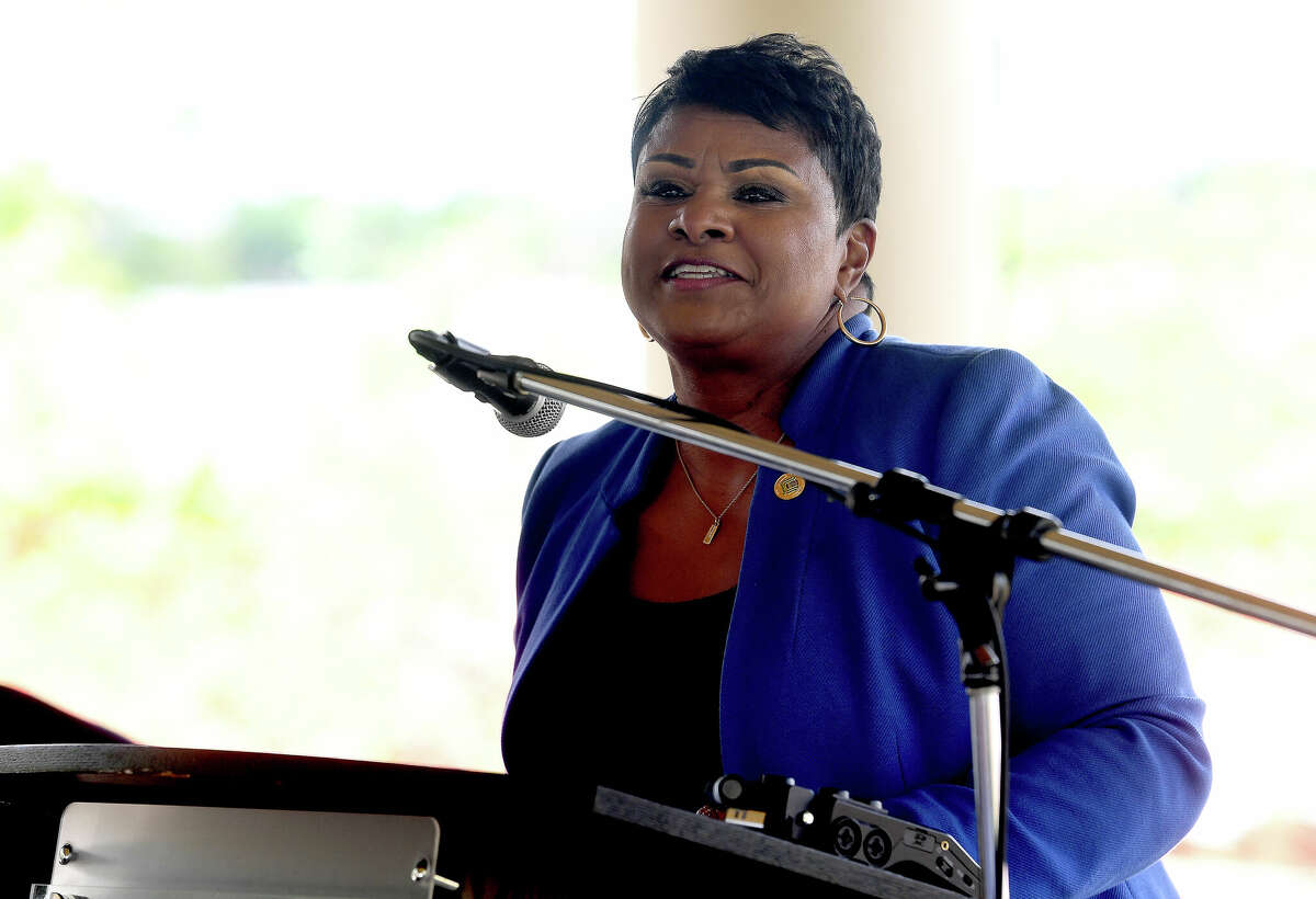 Beaumont Mayor Robin Mouton speaks during a groundbreaking ceremony to kick off the Riverfront Park restoration project. Photo made Tuesday, April 11, 2023 Kim Brent/Beaumont Enterprise