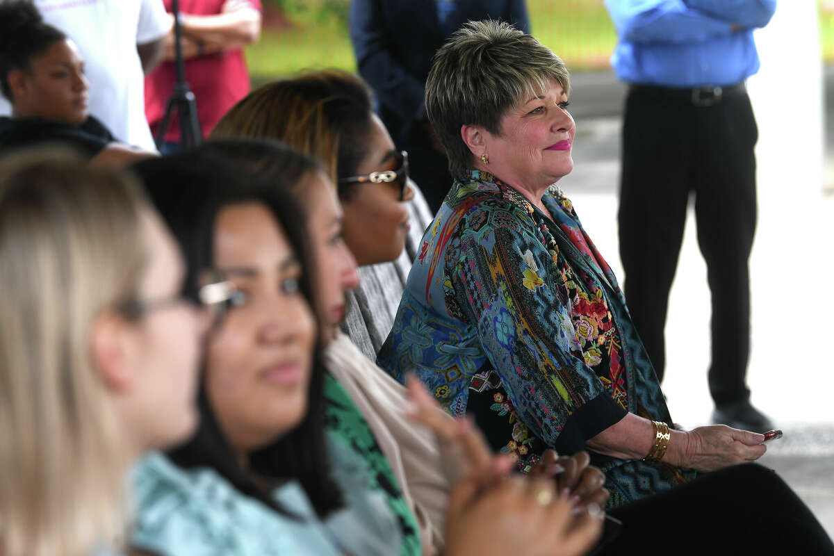 Former Mayor Becky Ames is acknowledged during a groundbreaking ceremony to kick off the Riverfront Park restoration project. Photo made Tuesday, April 11, 2023 Kim Brent/Beaumont Enterprise