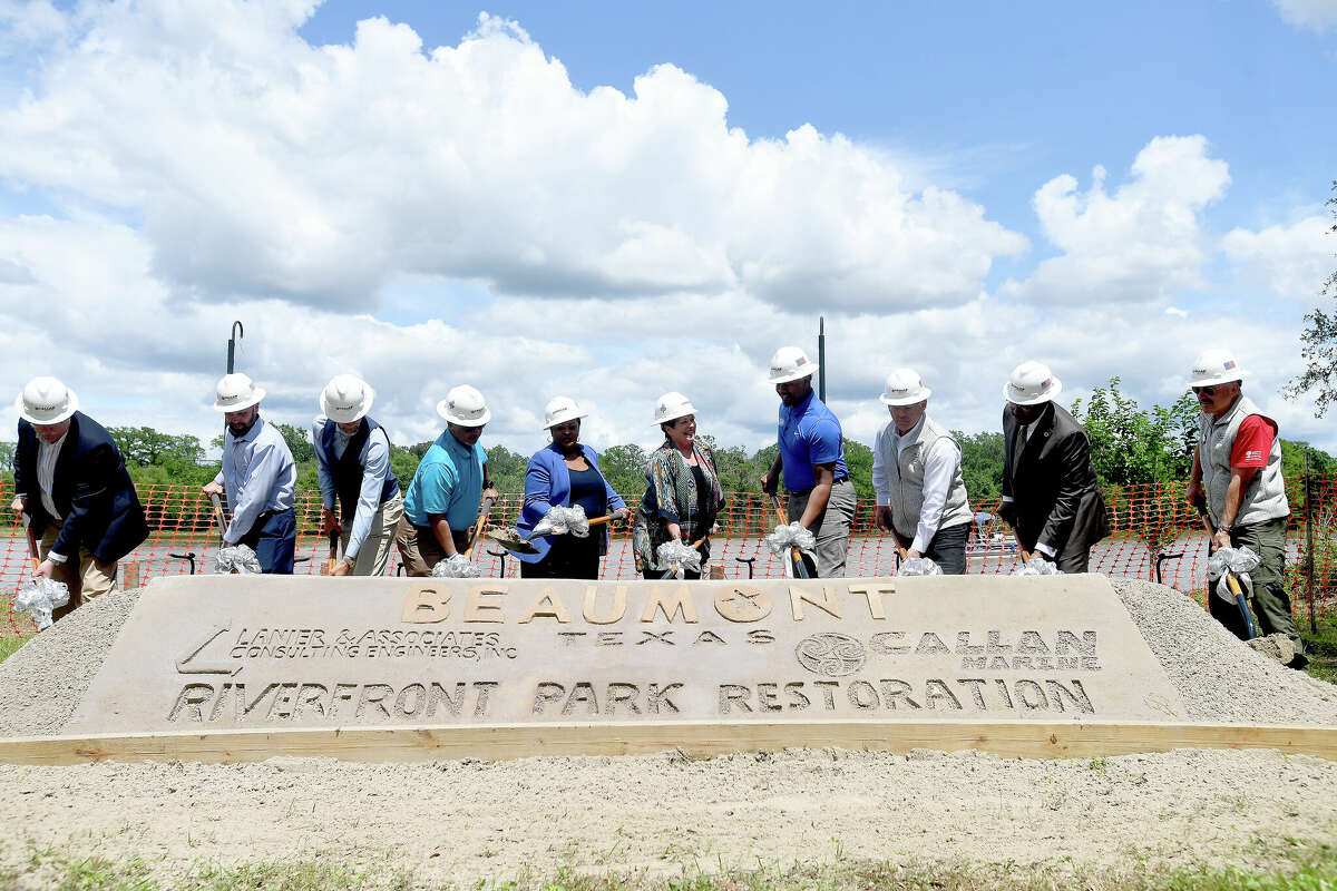 A groundbreaking ceremony to kick off the Riverfront Park restoration project was held Tuesday in the park. Photo made Tuesday, April 11, 2023 Kim Brent/Beaumont Enterprise