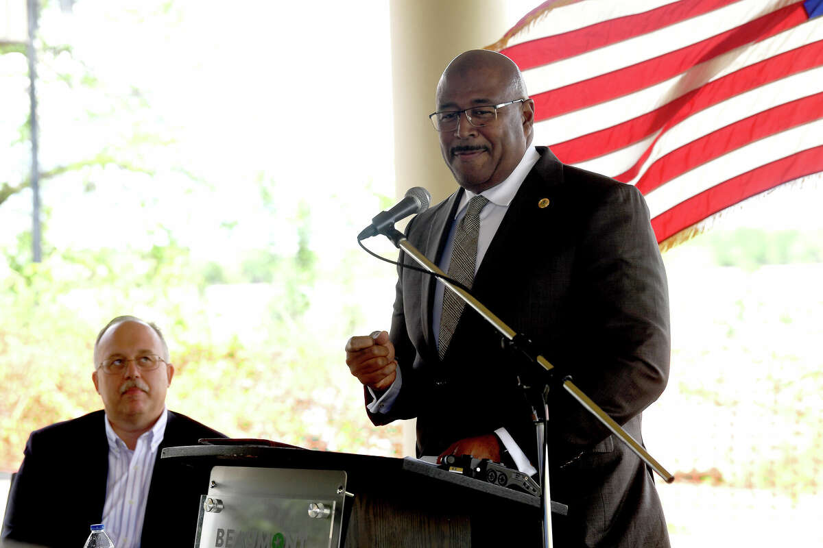 Beaumont City Manager Kenneth Williams speaks during a groundbreaking ceremony to kick off the Riverfront Park restoration project. Photo made Tuesday, April 11, 2023 Kim Brent/Beaumont Enterprise