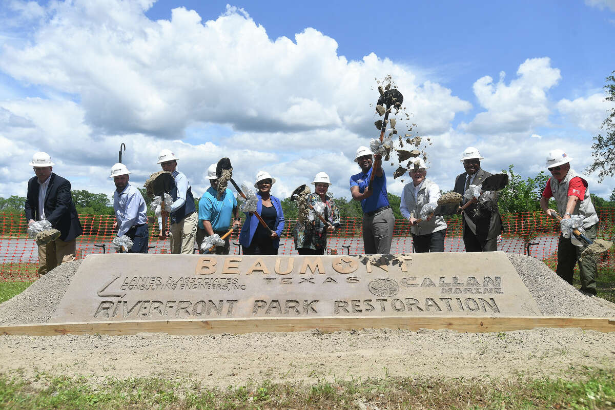 A groundbreaking ceremony to kick off the Riverfront Park restoration project was held Tuesday in the park. Photo made Tuesday, April 11, 2023 Kim Brent/Beaumont Enterprise