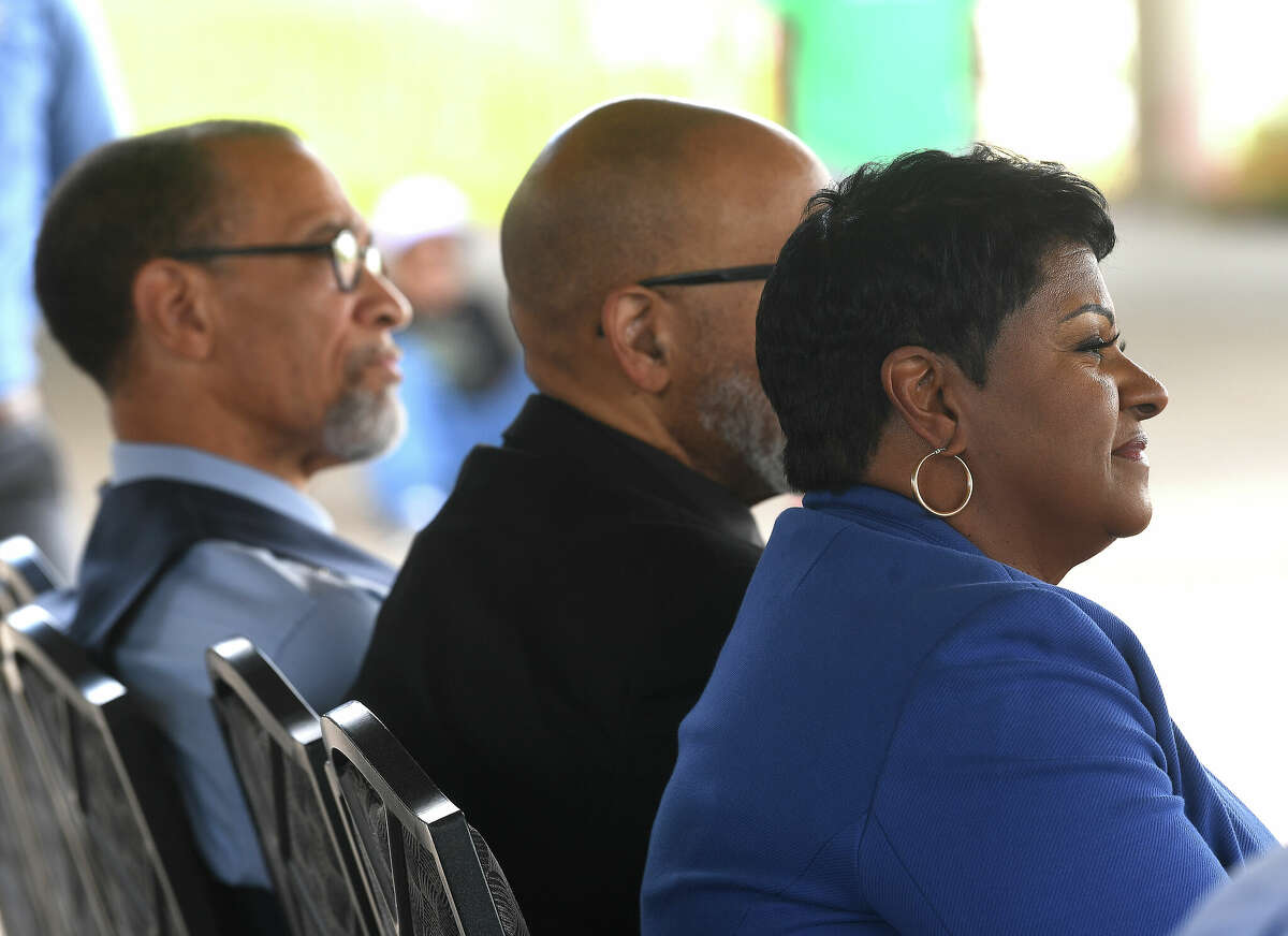 Mayor Robin Mouton listens during a groundbreaking ceremony to kick off the Riverfront Park restoration project. Photo made Tuesday, April 11, 2023 Kim Brent/Beaumont Enterprise