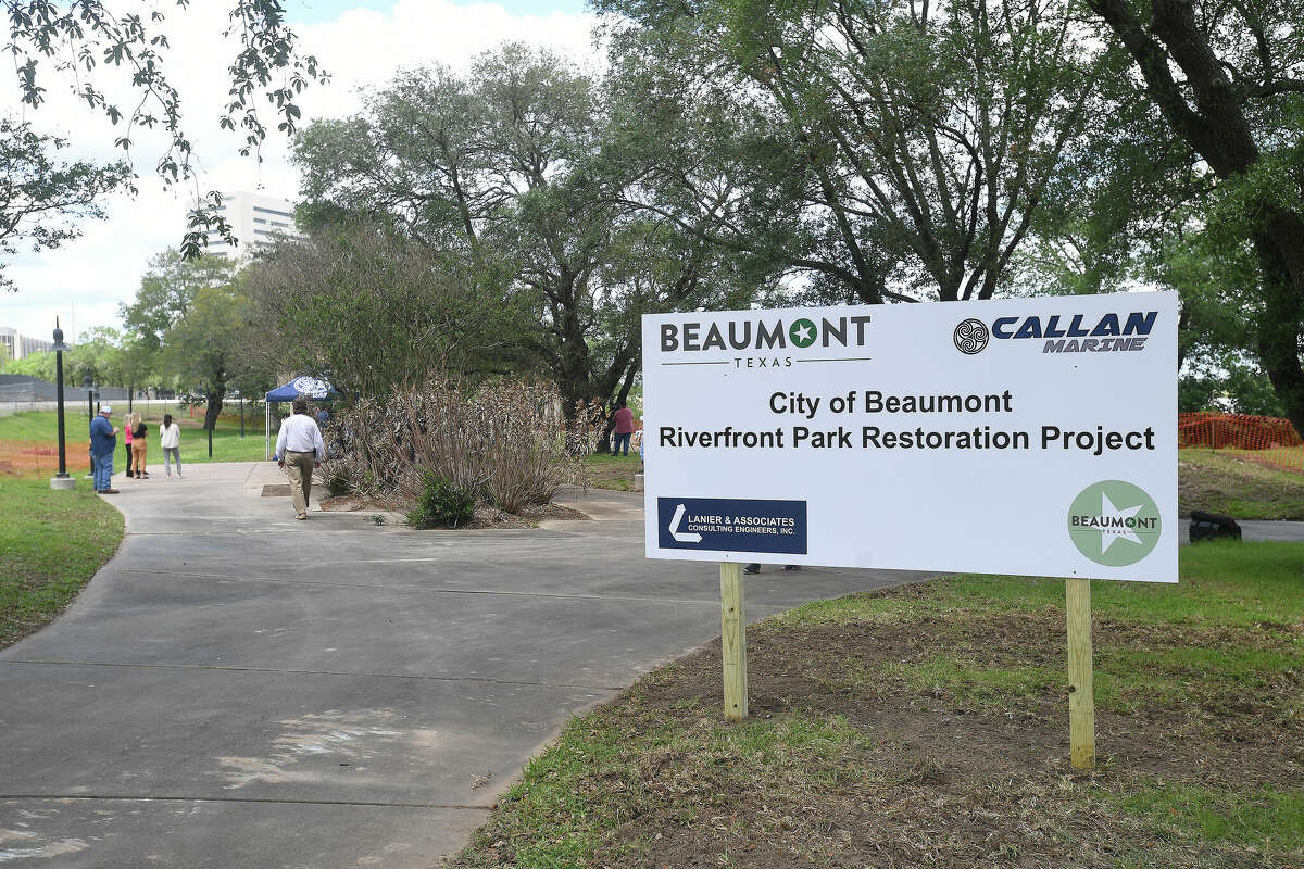 A crowd gathers for the groundbreaking ceremony to kick off the Riverfront Park restoration project Tuesday. Photo made Tuesday, April 11, 2023 Kim Brent/Beaumont Enterprise