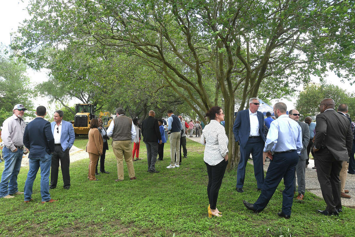 A crowd gathers for the groundbreaking ceremony to kick off the Riverfront Park restoration project Tuesday. Photo made Tuesday, April 11, 2023 Kim Brent/Beaumont Enterprise