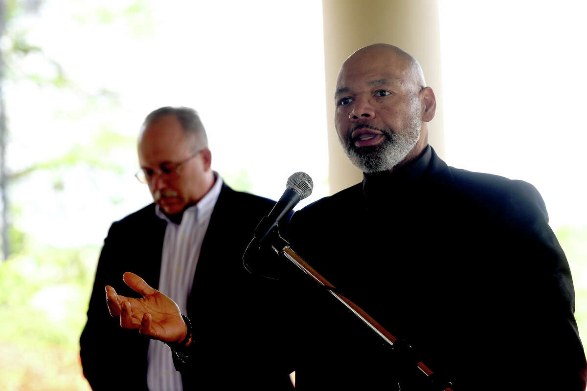 Pastor John Adolph offers a prayer during a groundbreaking ceremony to kick off the Riverfront Park restoration project. Photo made Tuesday, April 11, 2023 Kim Brent/Beaumont Enterprise