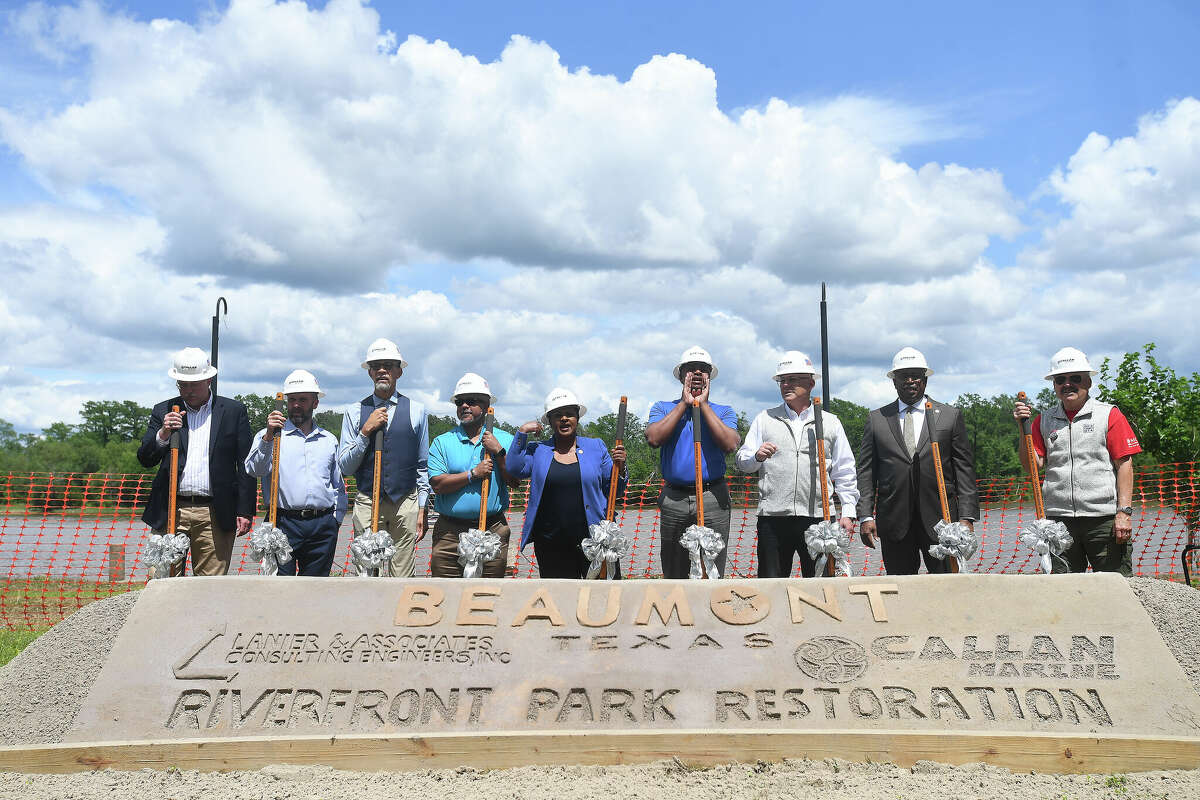 A groundbreaking ceremony to kick off the Riverfront Park restoration project was held Tuesday in the park. Photo made Tuesday, April 11, 2023 Kim Brent/Beaumont Enterprise