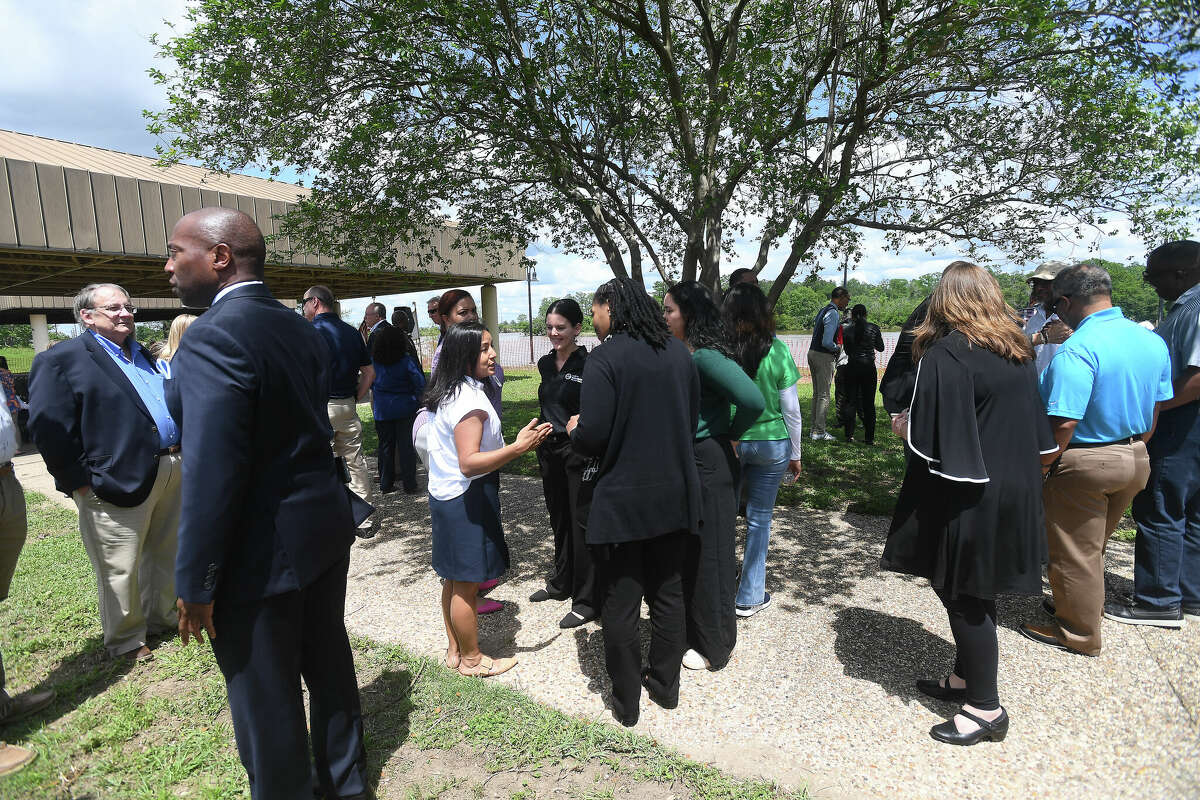 A crowd gathers for the groundbreaking ceremony to kick off the Riverfront Park restoration project Tuesday. Photo made Tuesday, April 11, 2023 Kim Brent/Beaumont Enterprise
