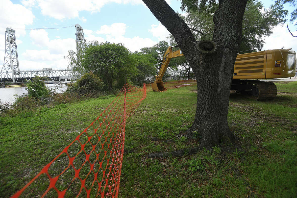 A crowd gathers for the groundbreaking ceremony to kick off the Riverfront Park restoration project Tuesday. Photo made Tuesday, April 11, 2023 Kim Brent/Beaumont Enterprise
