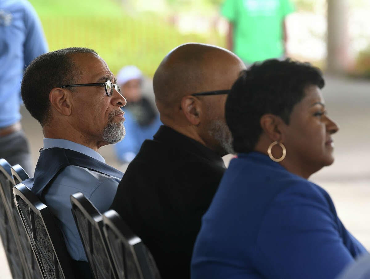 Audwin Samuel listens during a groundbreaking ceremony to kick off the Riverfront Park restoration project. Photo made Tuesday, April 11, 2023 Kim Brent/Beaumont Enterprise