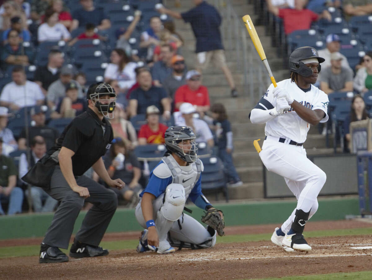Midland RockHounds center fielder Lawrence Butler singles against the Tulsa Drillers during his team's home opener, April 11 at Momentum Bank Ballpark. 