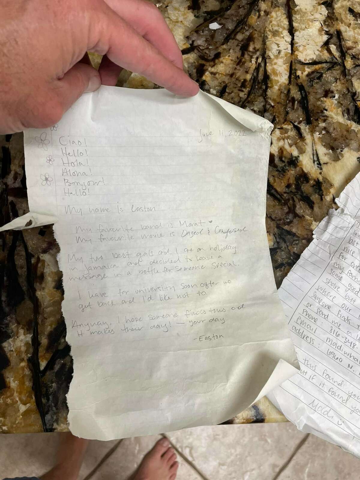 Another letter written on June 11, 2022 by a friend by the name of Easton during their trip to Jamaica was also found in the bottle.