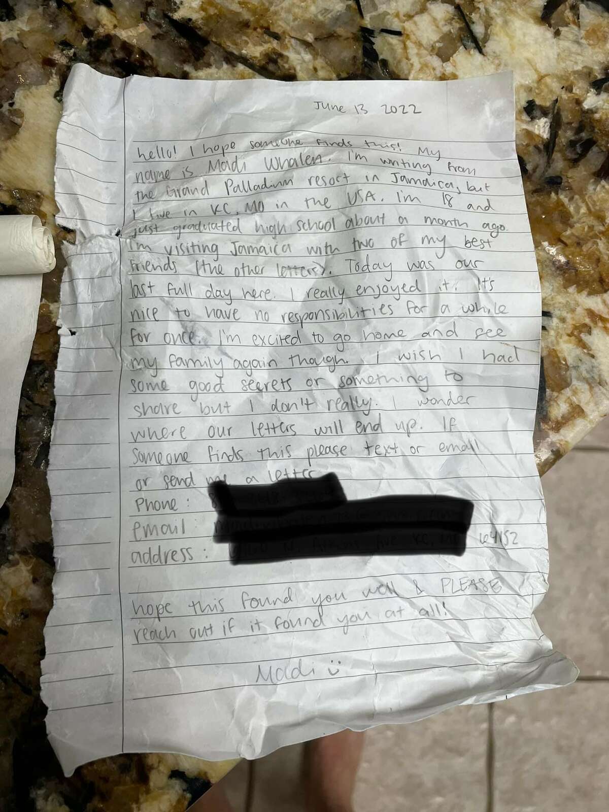 A letter written by Madi Whalen, 18, during a trip with friends to Jamaica on June 13, 2022 was found by researchers of the Mission-Aransas Reserve along the Texas Padre Island National Seashore in March 2023.