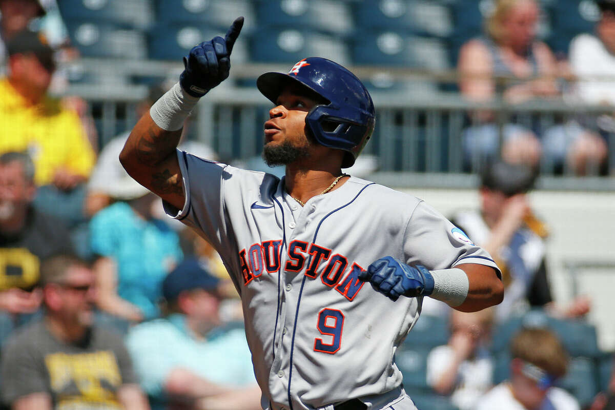 PITTSBURGH, PA - APRIL 12: Corey Julks #9 of the Houston Astros reacts after hitting a solo home run in the fourth inning against the Pittsburgh Pirates during inter-league play at PNC Park on April 12, 2023 in Pittsburgh, Pennsylvania. (Photo by Justin K. Aller/Getty Images)