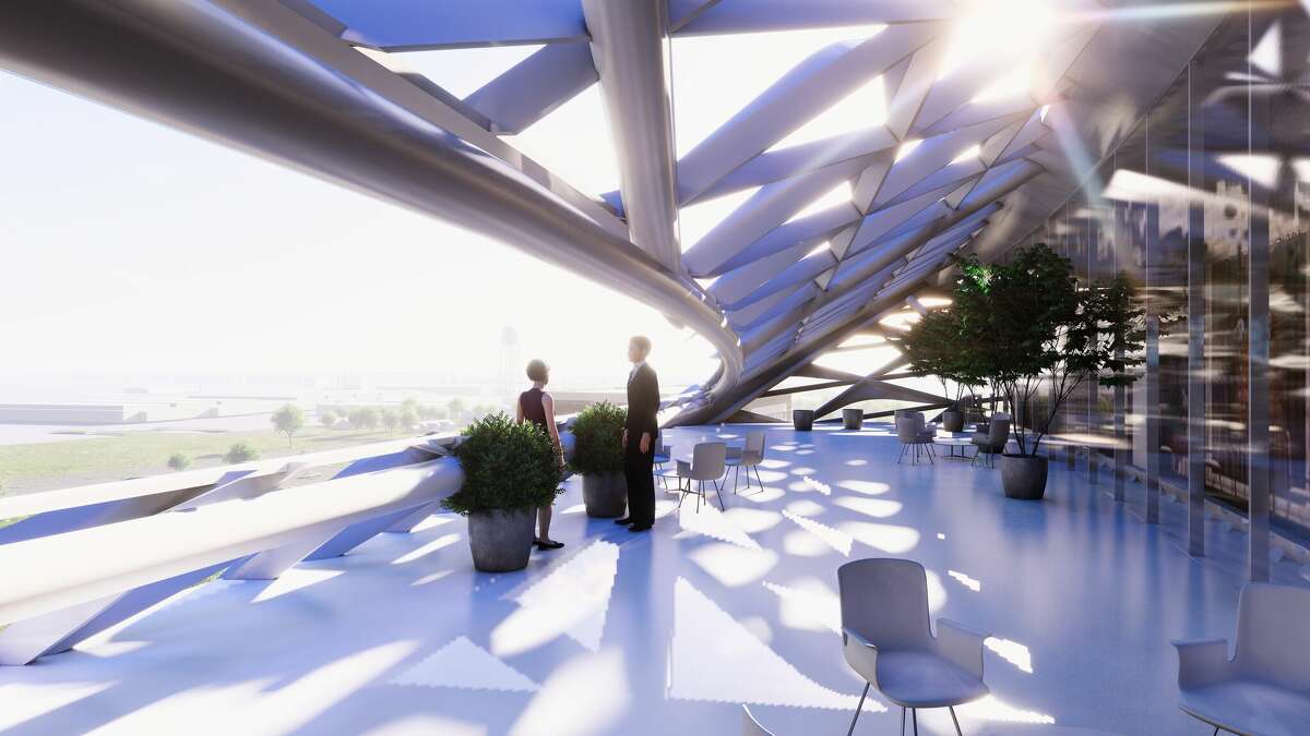 A rendering of an interior in an office tower Port San Antonio hopes to build on it campus.