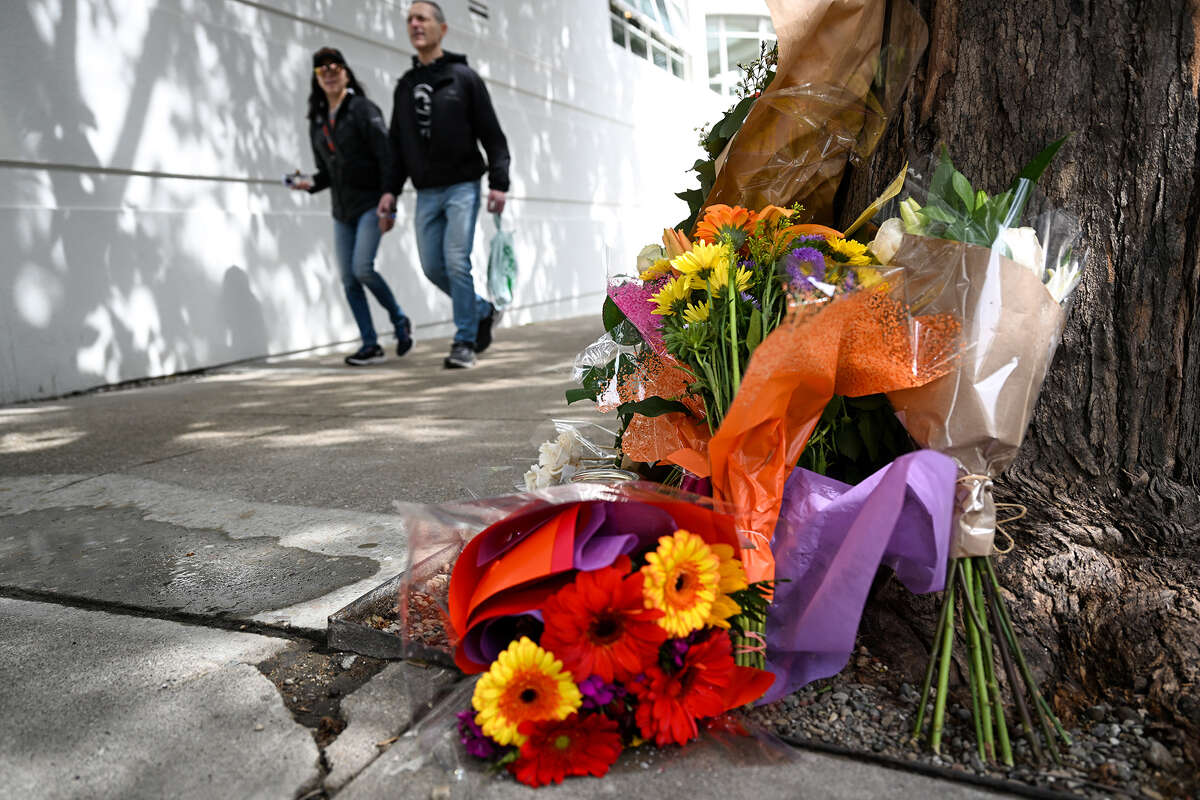 Flowers and cards left as people paying tribute to Bob Lee near the Portside apartment building in San Francisco, California, United States on April 7, 2023. 