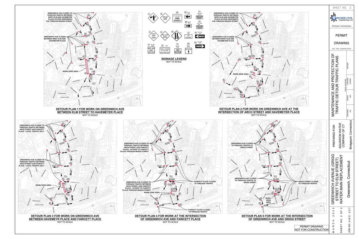 Snyder Civil Engineering, working with Aquarion Water Company, submitted plans to reroute traffic as it repairs the water main under Greenwich Avenue. Repairs are expected to start in spring 2023 and last for a year.