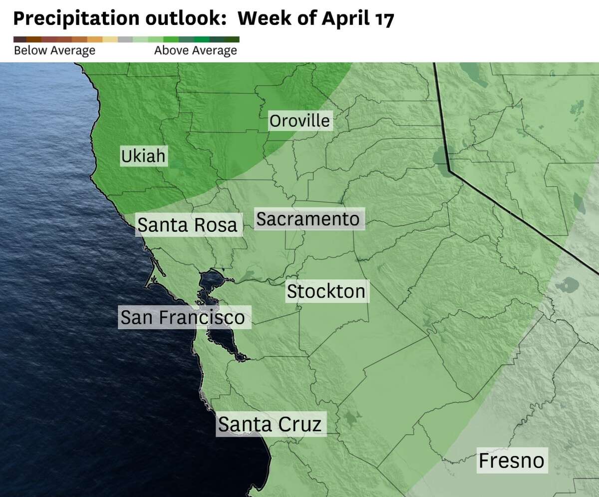 气候预测中心对4月17日这一周的降水展望显示，加州北部和中部的降雨机会高于平均水平。最大的机会将集中在北湾。
